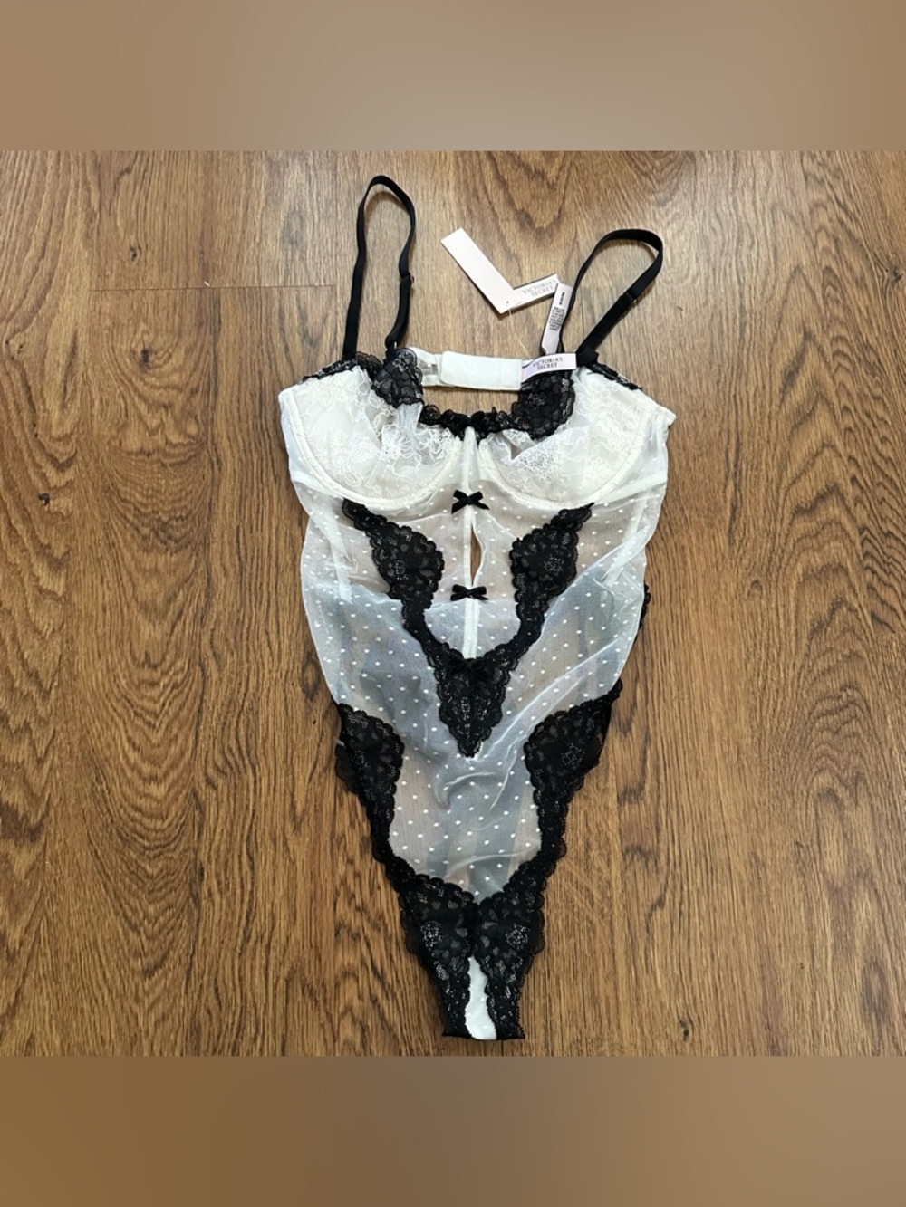 Victoria's Secret Cream & Black Lace teddy Bra Strap Detail NWT sheer
